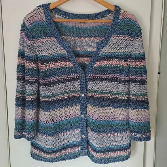 J Jill Multicolor Chunky Knit Cardigan 3/4 Sleeve Medium Sweater - Picture 1 of 7